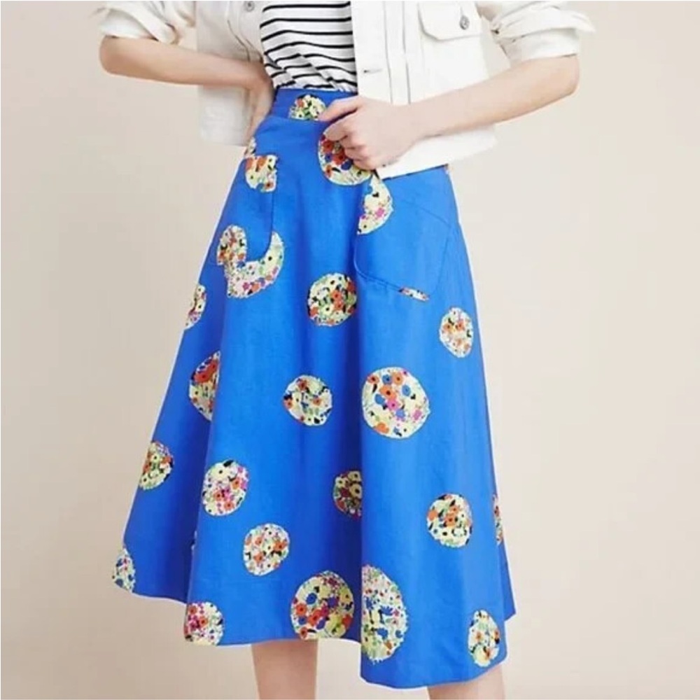 Anthropologie Blue‎ Floral A-Line Skirt size 8